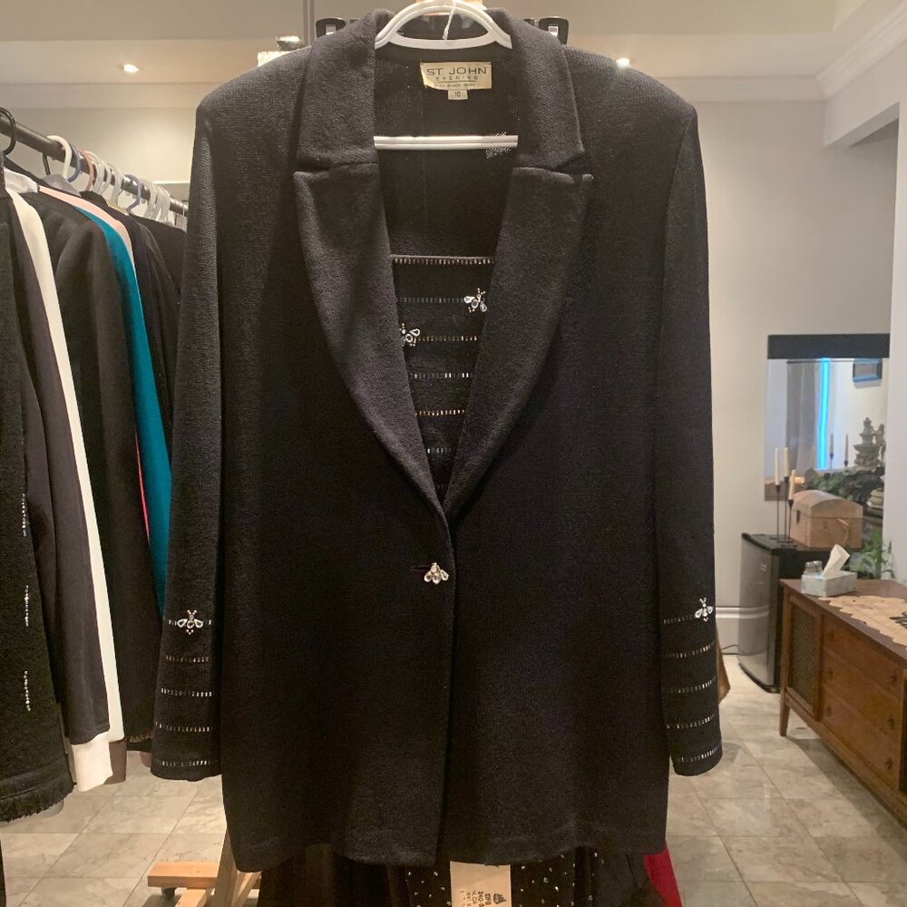 St. John Evening Knit Size 10 Black Bumble Bee Jacket and Knee Length Skirt